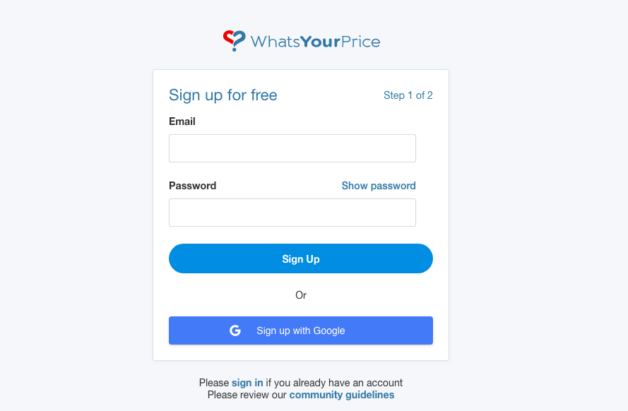WhatsYourPrice sing up